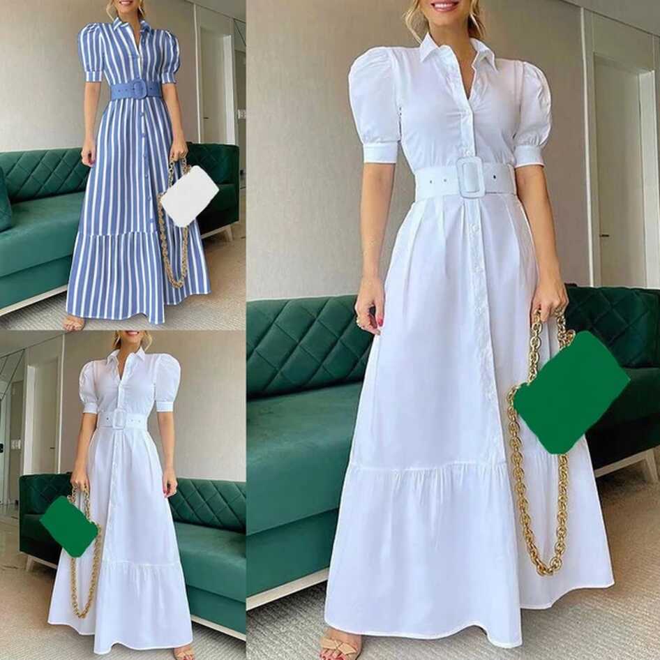 Simple Maxi Dress Ladies Long Dress Belt Solid Color Pure Color ...