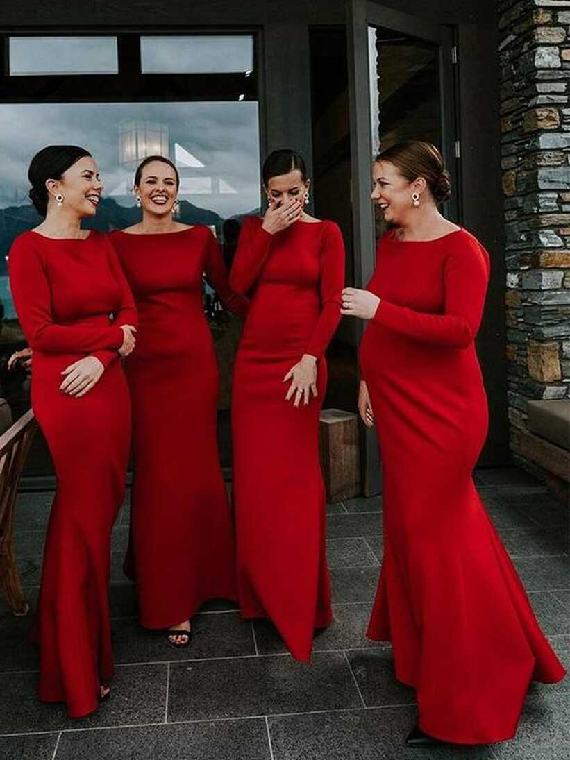 Simple Mermaid Long Red Bridesmaid Dresses with Sleeve – MyChicDress