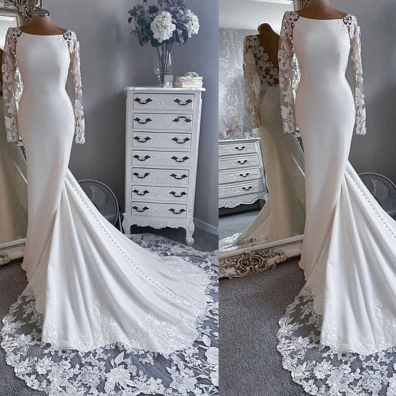 Simple Mermaid Wedding Dresses Satin Backless Scoop Neck Long ...