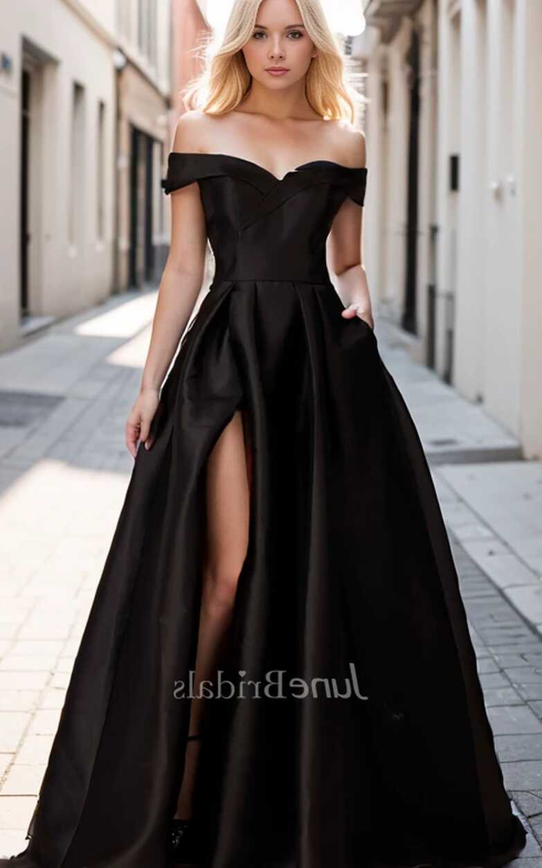 Simple Modest Black A-Line Off-the-Shoulder Long Wedding Dress ...