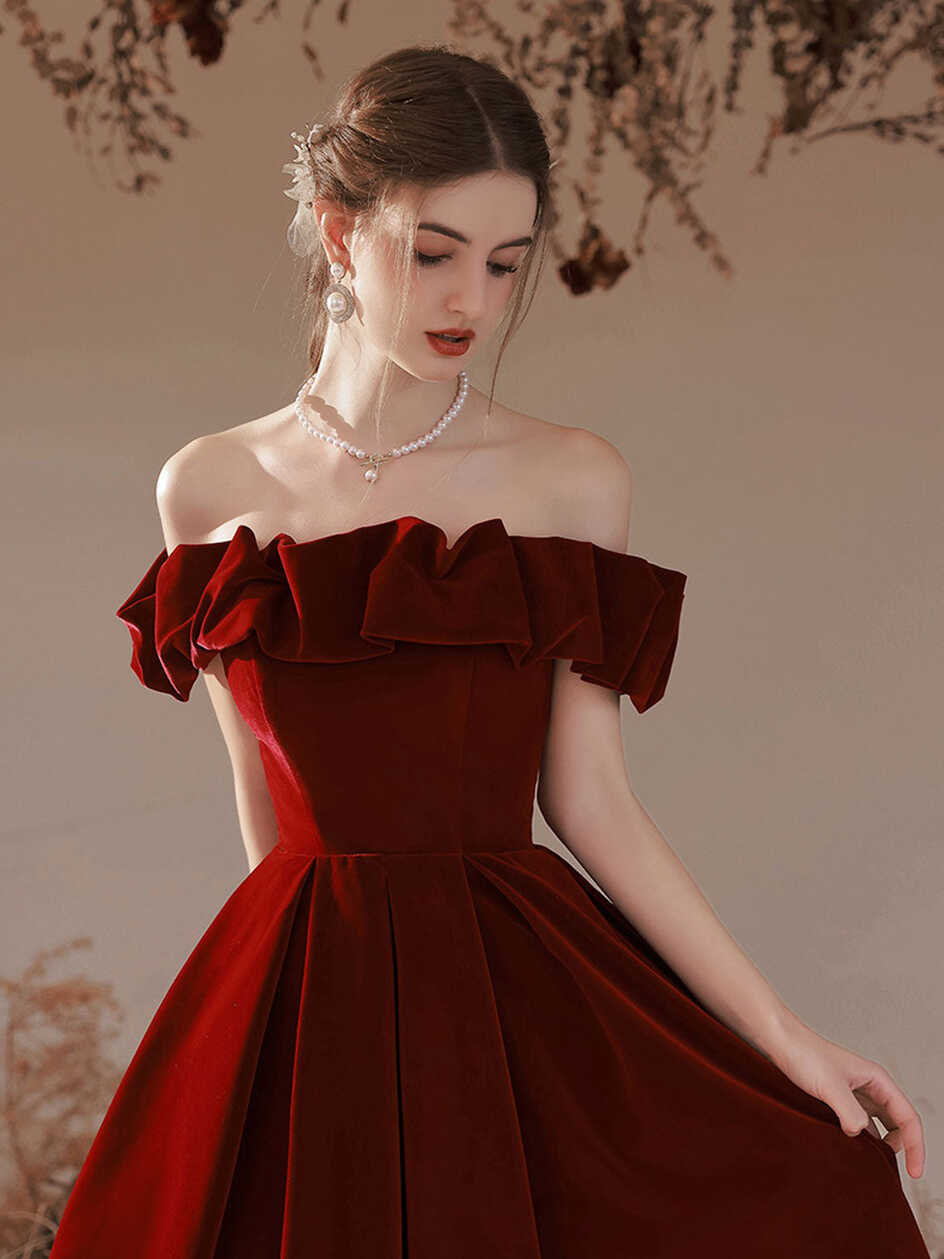 Simple Off The Shoulder Burgundy Velvet Prom Dress Formal Dress