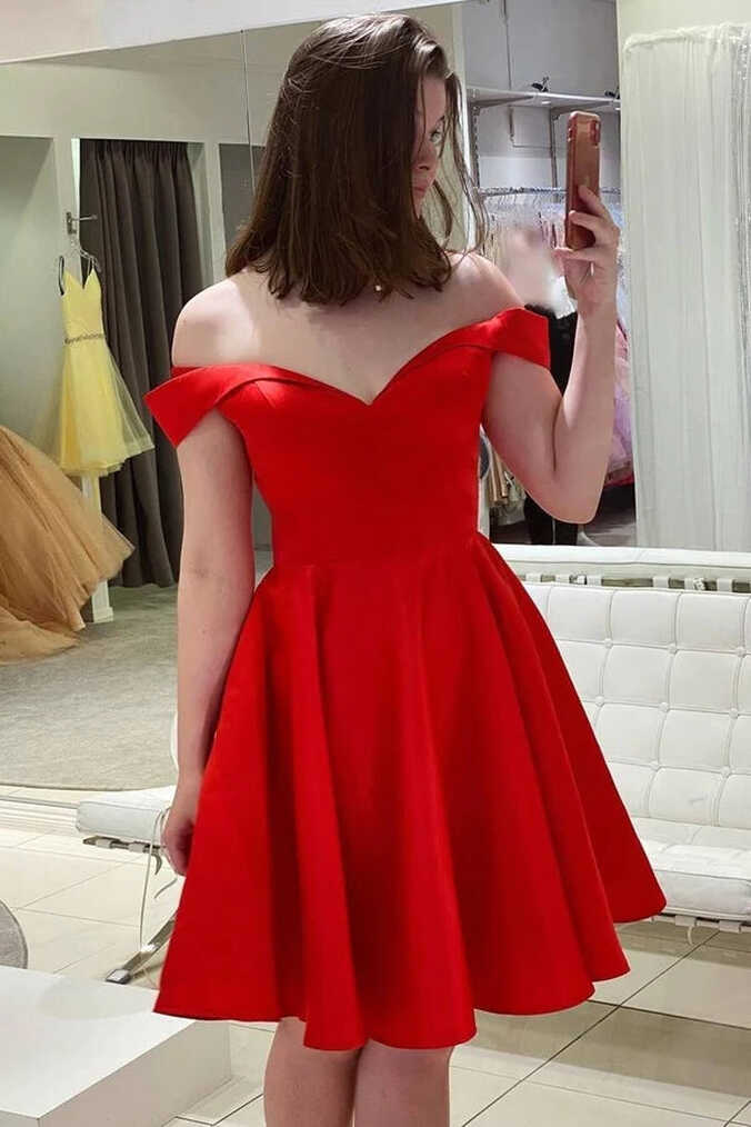 Simple Off the Shoulder Red Homecoming Dress Short Satin Hoco ...