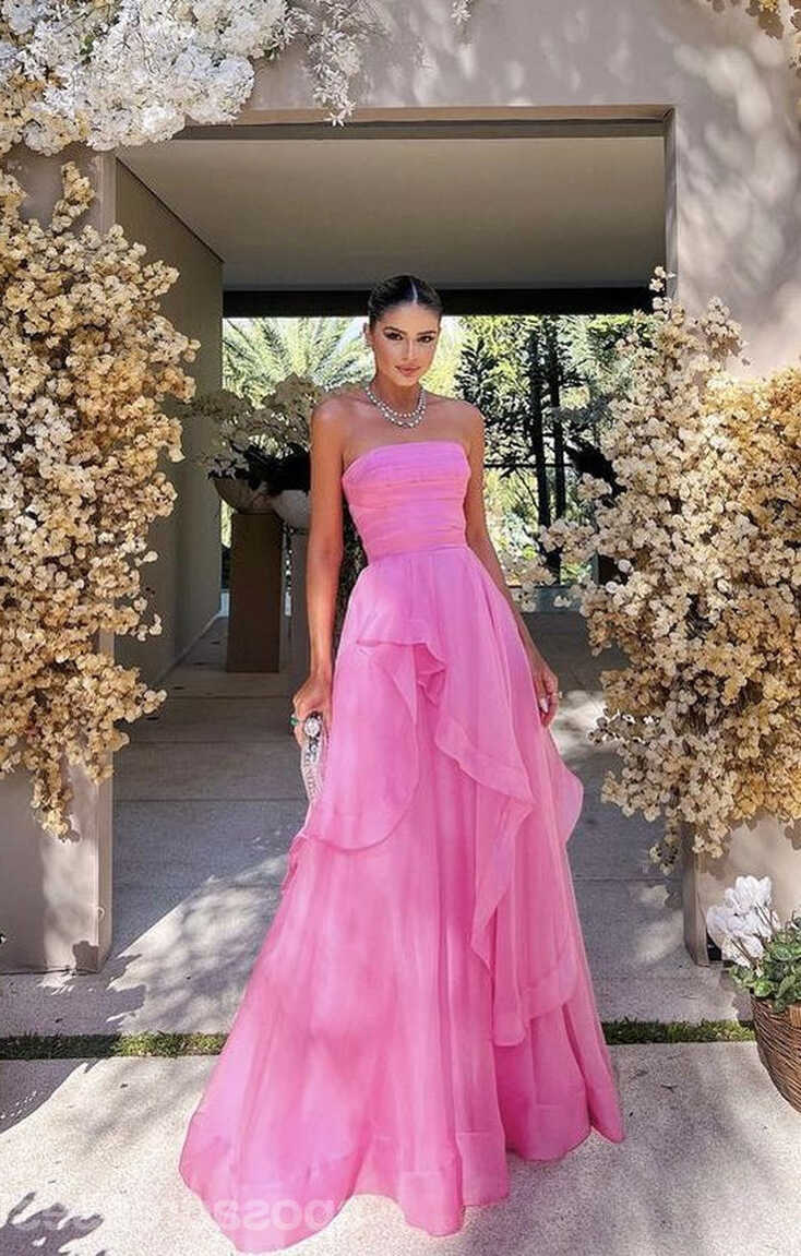 Simple Pink A-line Strapless Maxi Long Prom Dresses,Evening ...