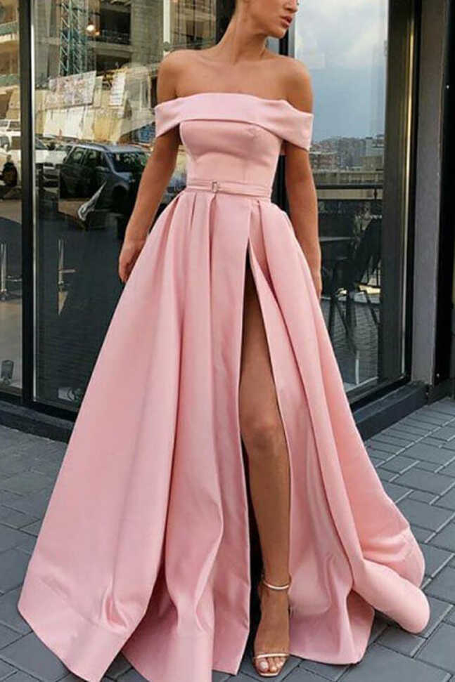 Simple Pink Satin A-line Off Shoulder Prom Dresses MP667 | Musebridals