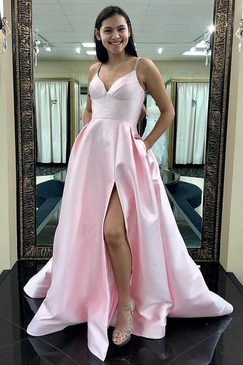 Simple Pink Satin A-line Prom Dresses Party Gown With Pockets ...