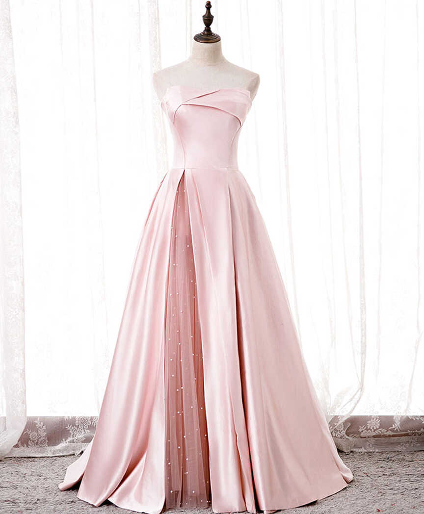 Simple Pink Satin Long Prom Dress, Pink Formal Bridesmaid Dress ...