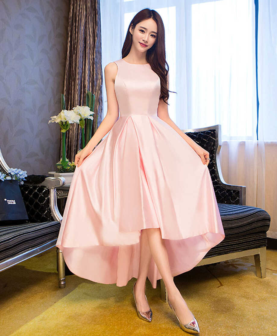 Simple Pink Satin Tea Length Prom Dress, Pink Homecoming Dresses ...