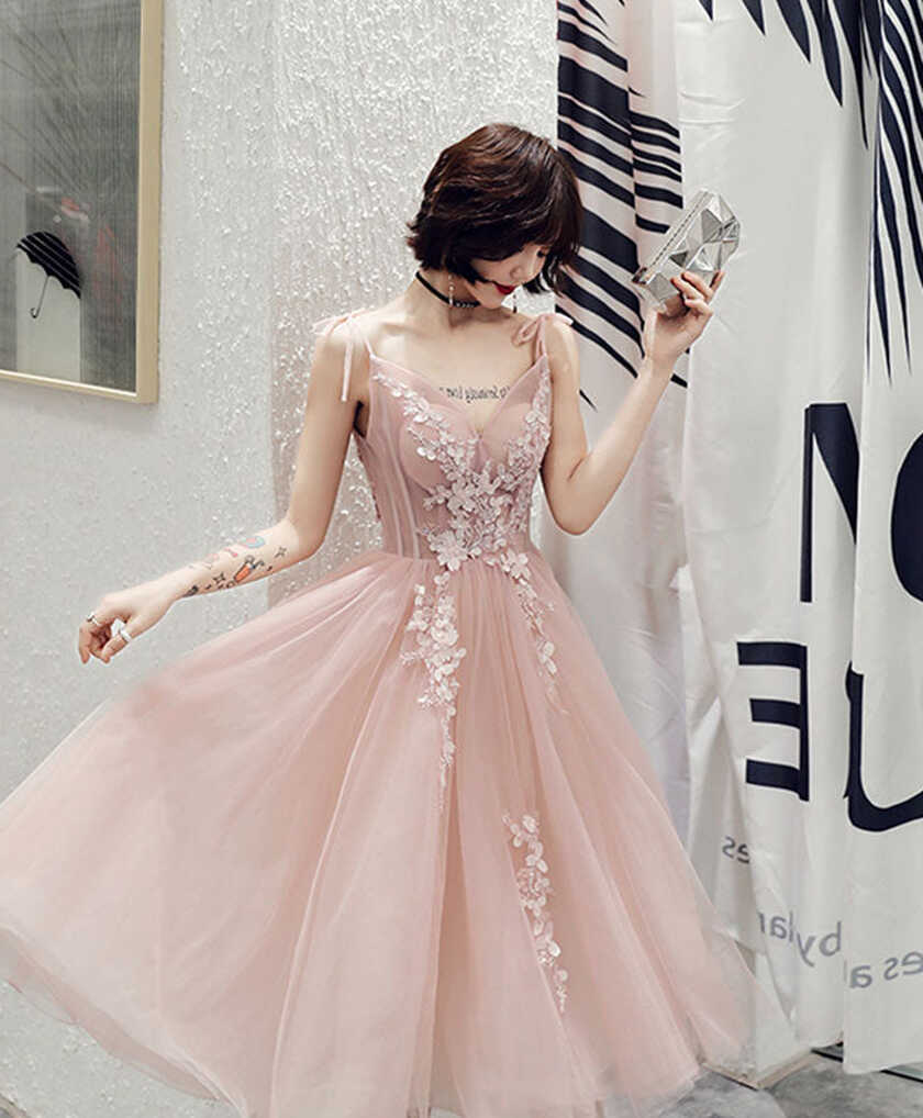 Simple Pink V Neck Tulle Short Prom Dress, Pink Homecoming Dress ...