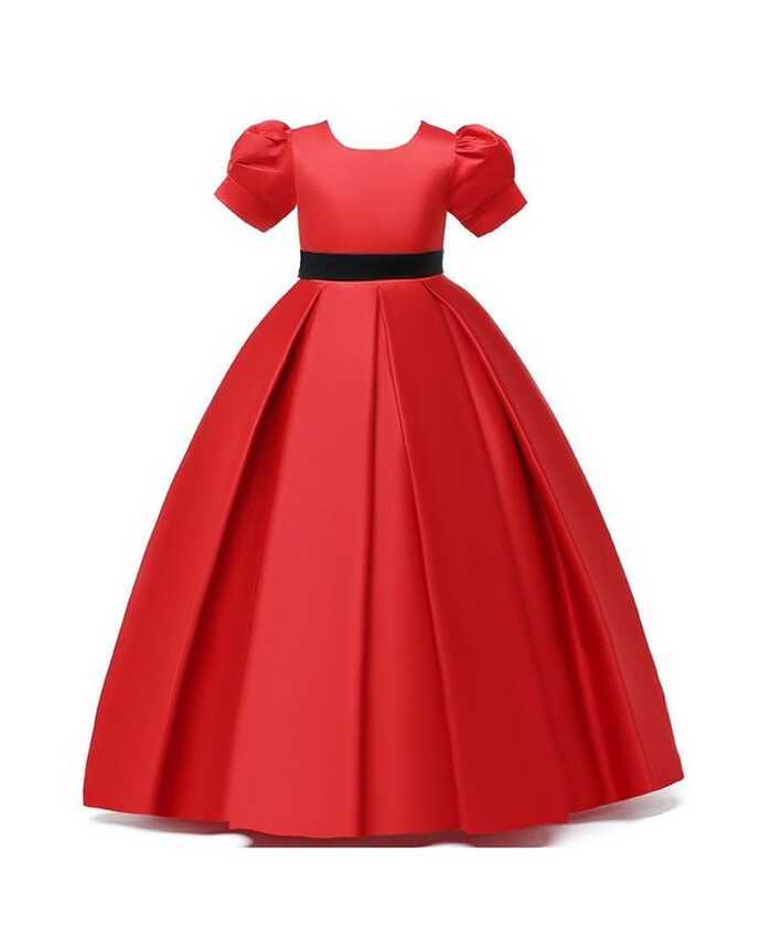 Simple Pleated Red Satin Princess Girl Formal Dress For 7-16 Years