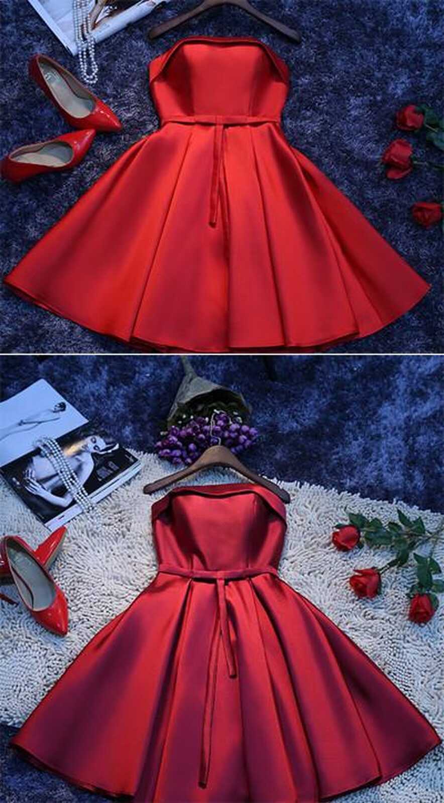 Simple Red Satin A-line Homecoming Dress, Cheap Short Party ...