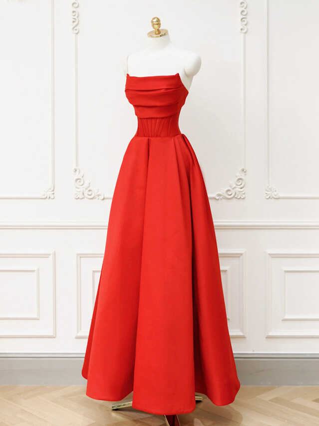 Simple Red Satin Maxi A-line Prom Dress