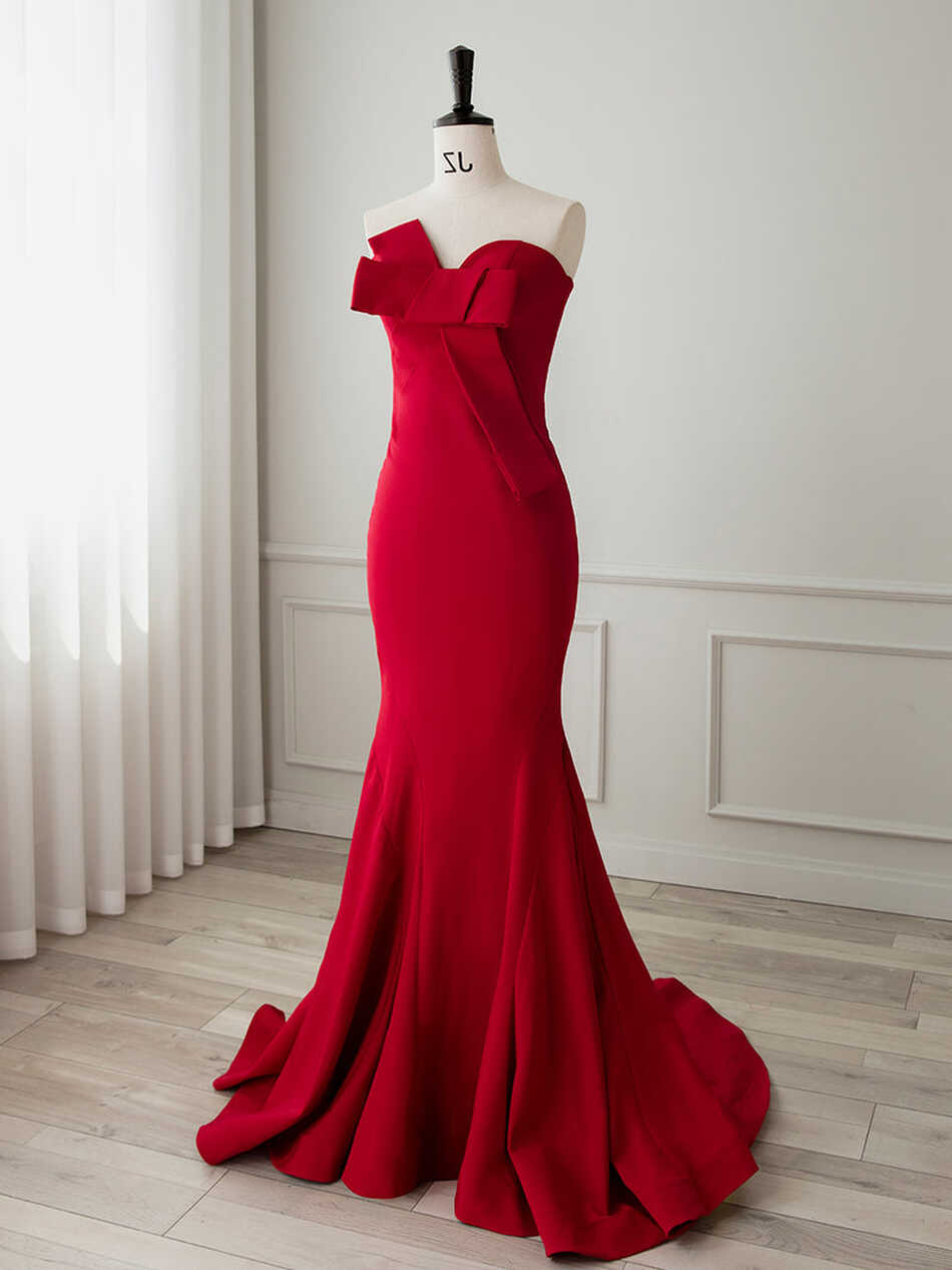 Simple Red Satin Mermaid Long Prom Dress, Red Formal Evening Dress ...