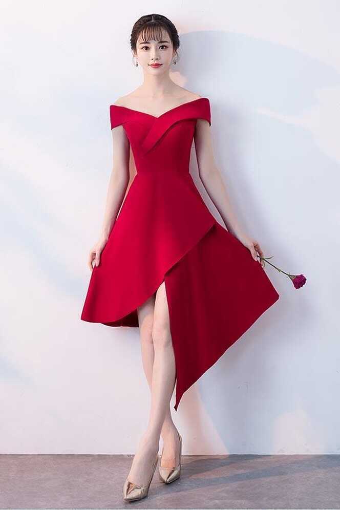 Simple Red Satin Off The Shoulder Homecoming Dresses Party Dresses ...