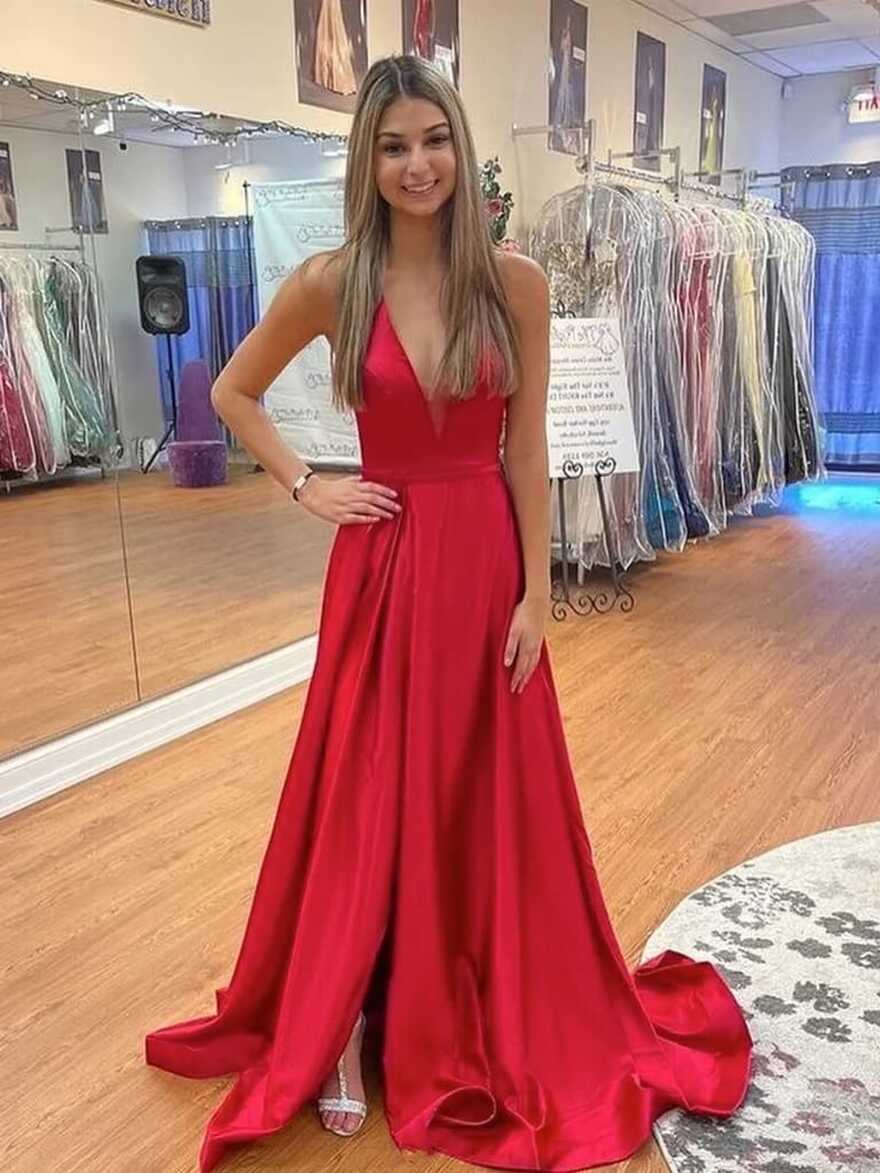 Simple Red Satin Prom Dresses V Neck Backless Long Formal Dress ...