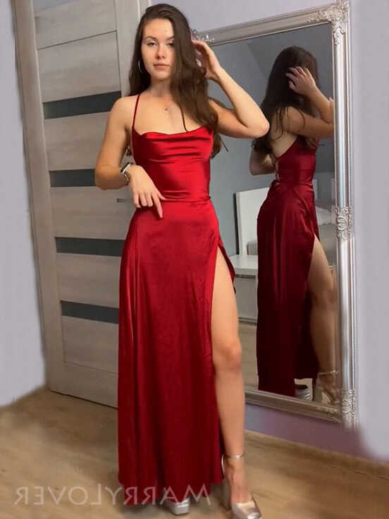 Simple Red Satin Spaghetti Straps Long Evening Prom Dresses ...