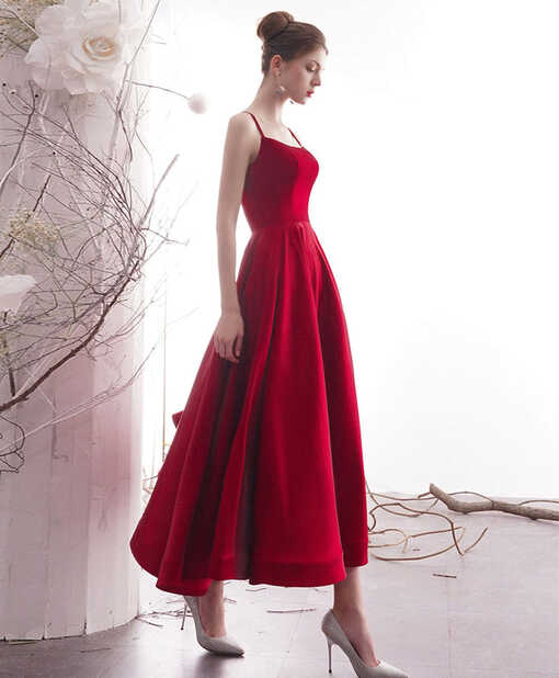 Simple Red Satin Tea Length Prom Dress, Red Homecoming Dresses ...