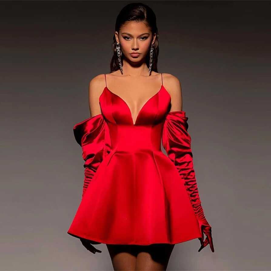 Simple Red Short Cocktail Dresses V Neck Spaghetti Straps Prom ...