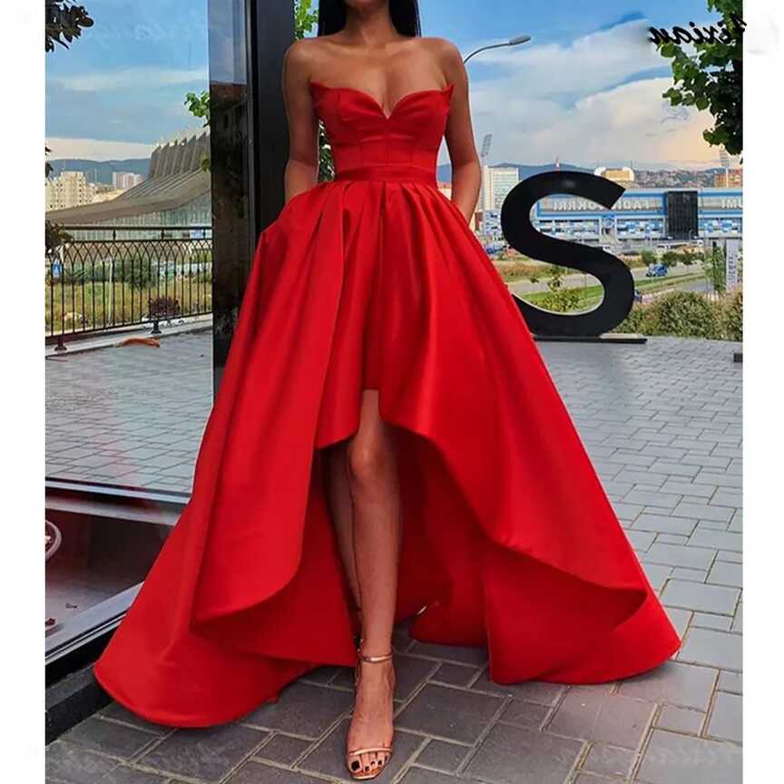 Simple Red Sweetheart Neck Prom Dress Satin A Line Hi Lo With ...