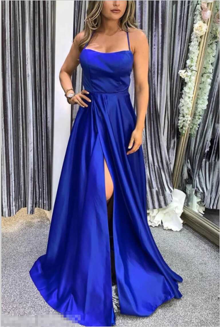 Simple Royal Blue Satin Prom Dresses Long Sleeveless Cheap Evening ...