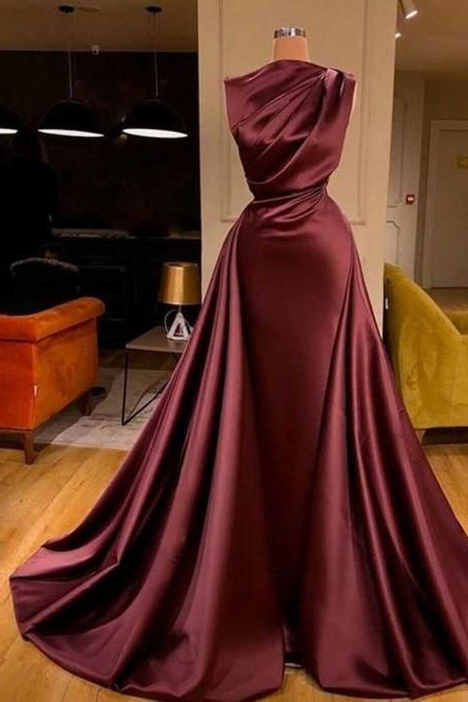 Simple Satin Long Women Party Dress Witn Detachable Train M2192