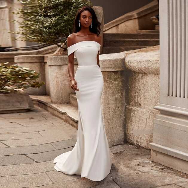 Simple Satin Mermaid Wedding Dress 2023 Stylish Boat Neck Off The ...