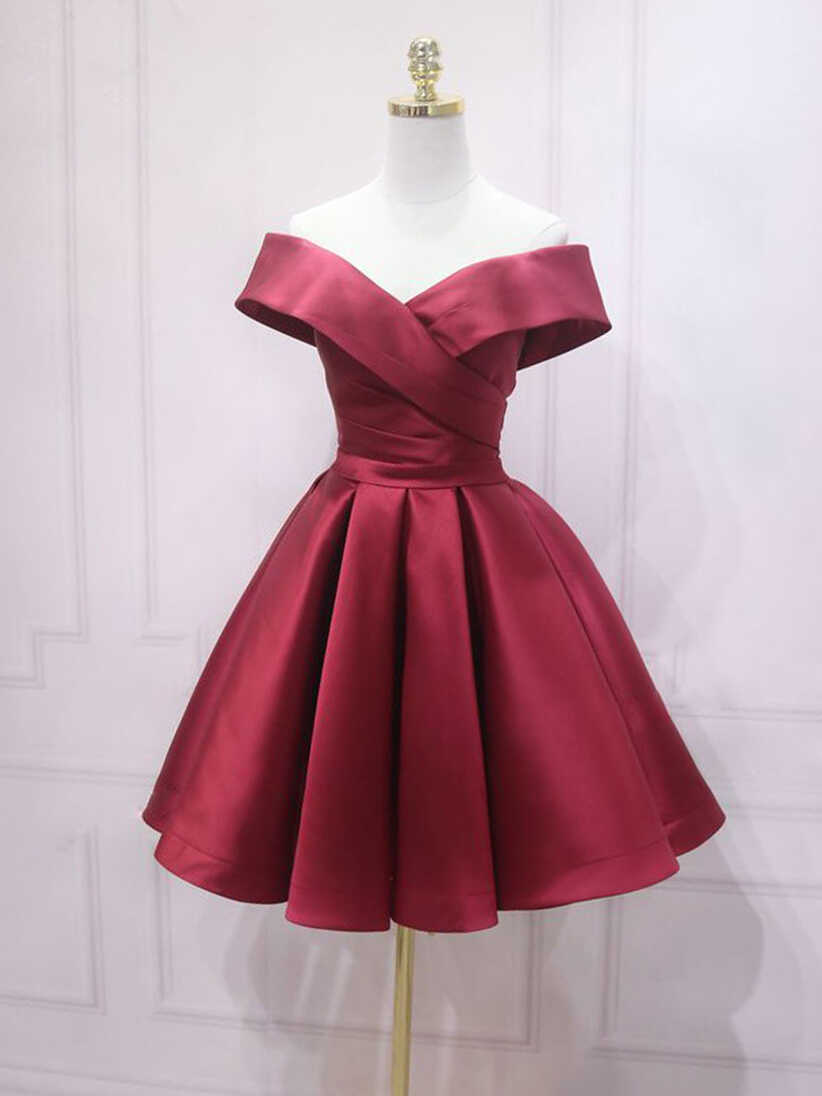 Simple Satin Off The Shoulder Burgundy Short Party Dress Formal Dress