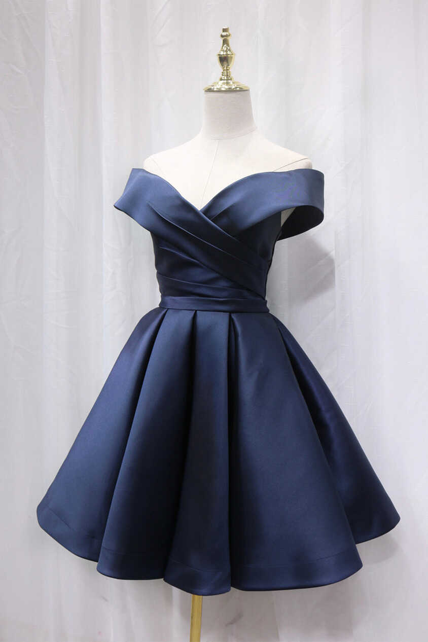 Simple Satin Short Prom Dress, Off Shoulder Blue Party Dress