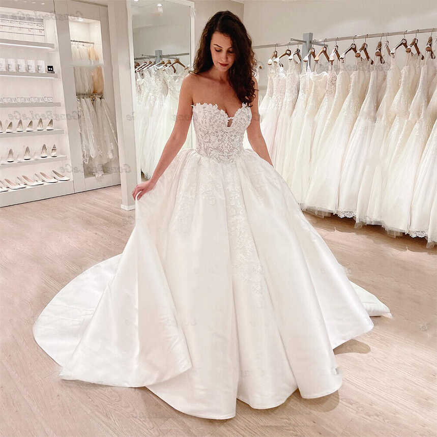 Simple Satin Wedding Dress Strapless Corset Lace Applique Plus ...