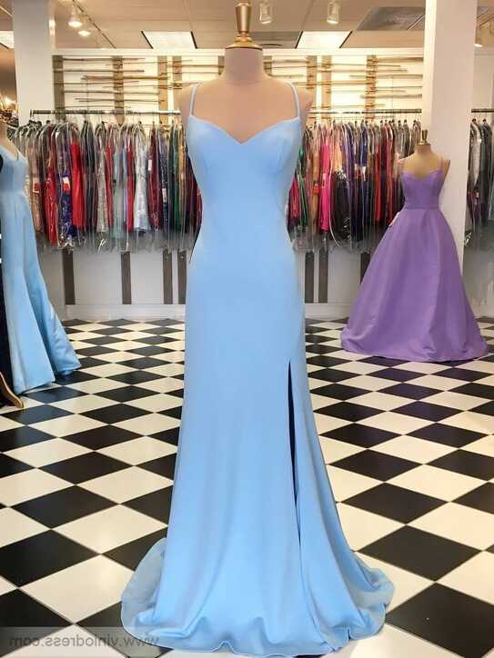 Simple Sheath Light Blue Long Prom Dresses with Slit FD1267 ...