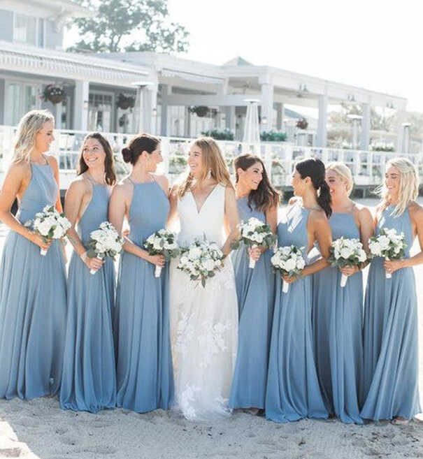 Simple Sheath Ruffles Long Dusty Blue Bridesmaid Dresses under 100 ...