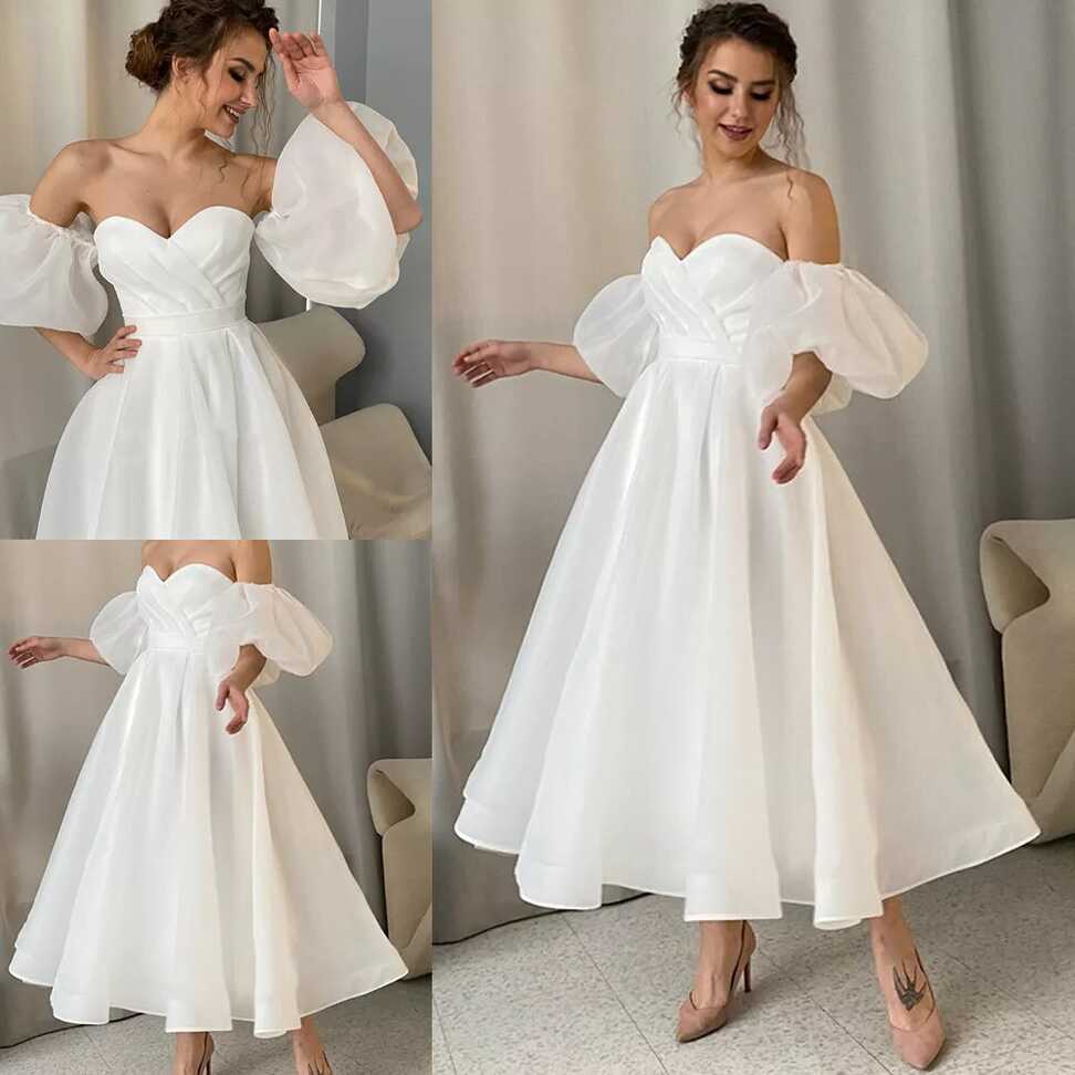 Simple Short Wedding Dresses Ivory Elegant Off The Shoulder V-Neck ...