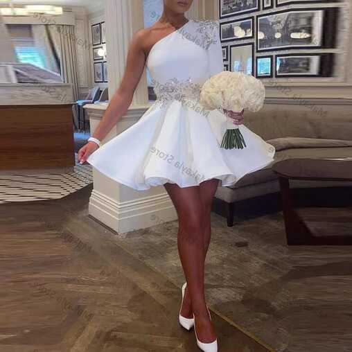 Simple Short White Prom Party Dresses One Shoulder Long Sleeves ...