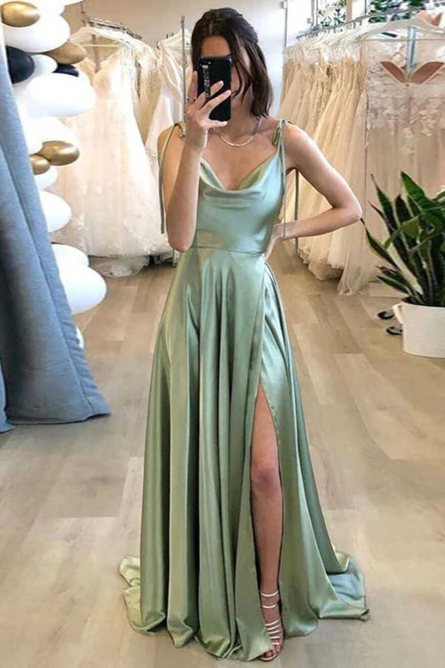 Simple Silk Satin Sage Wedding Guest Dress A Line Long Summer Maxi ...