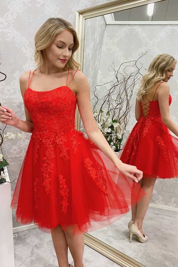 Simple Spaghetti Straps Red Lace Short Homecoming Dresses ...