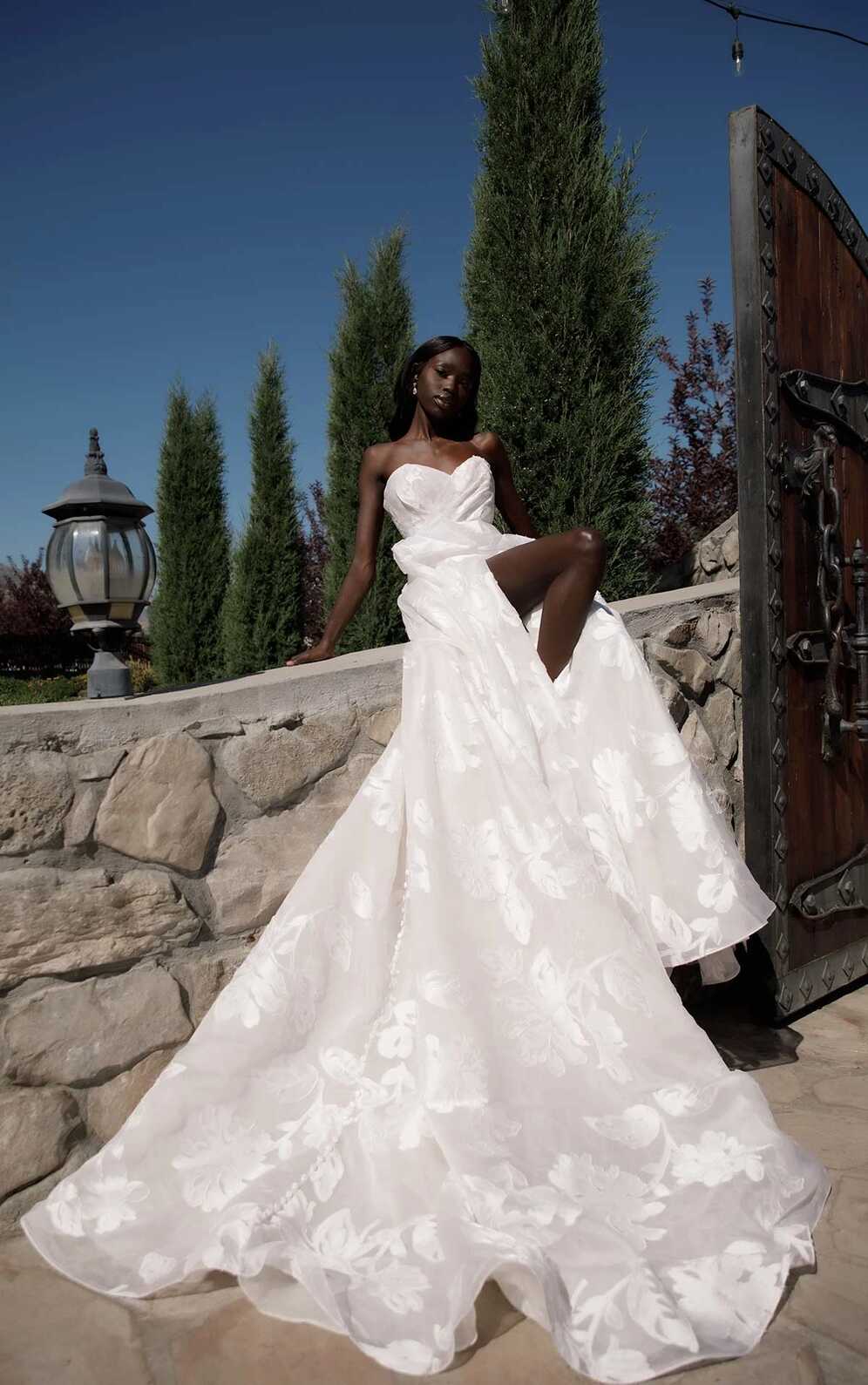 Simple Strapless A-Line Wedding Dress with Large Scale Floral Lace