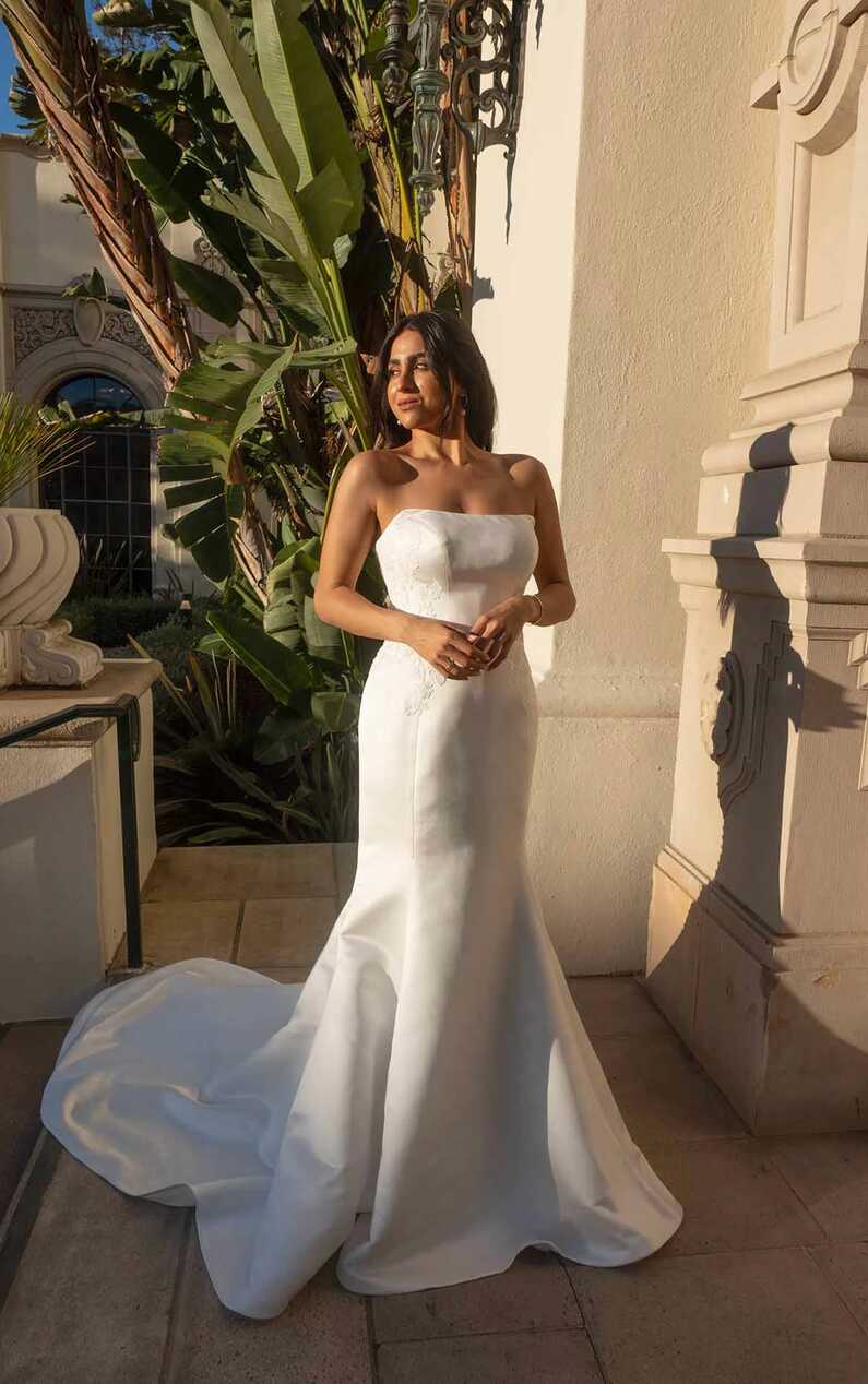 Simple Strapless Satin Fit-and-Flare Wedding Dress with Long Train