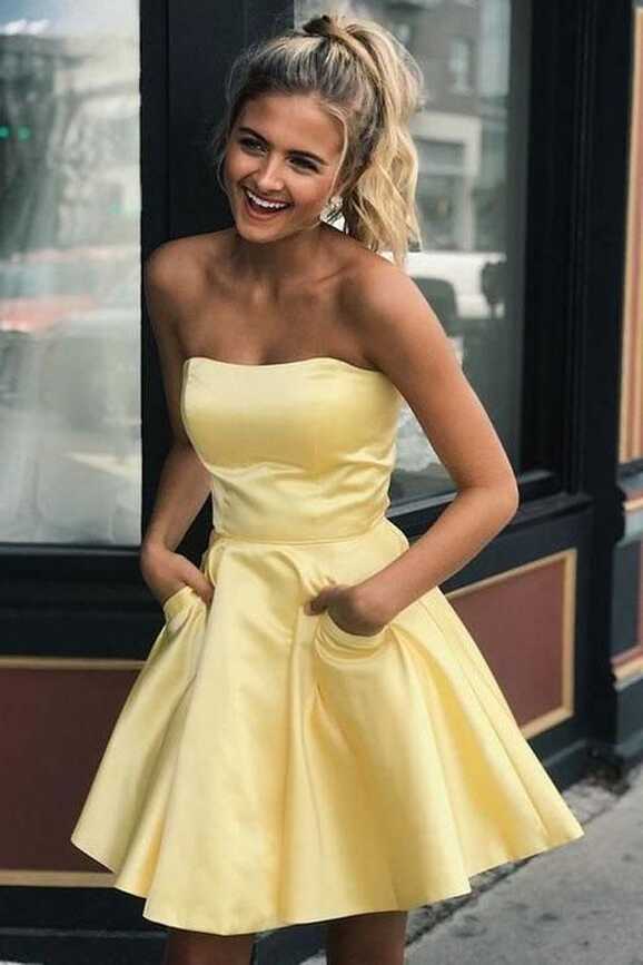 Simple Strapless Short Prom Dress Yellow Homecoming Dress with ...