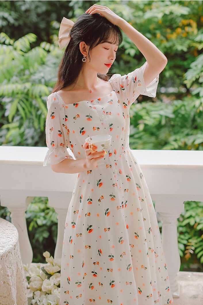 Simple Sweet Chiffon Print Women Casual Dress