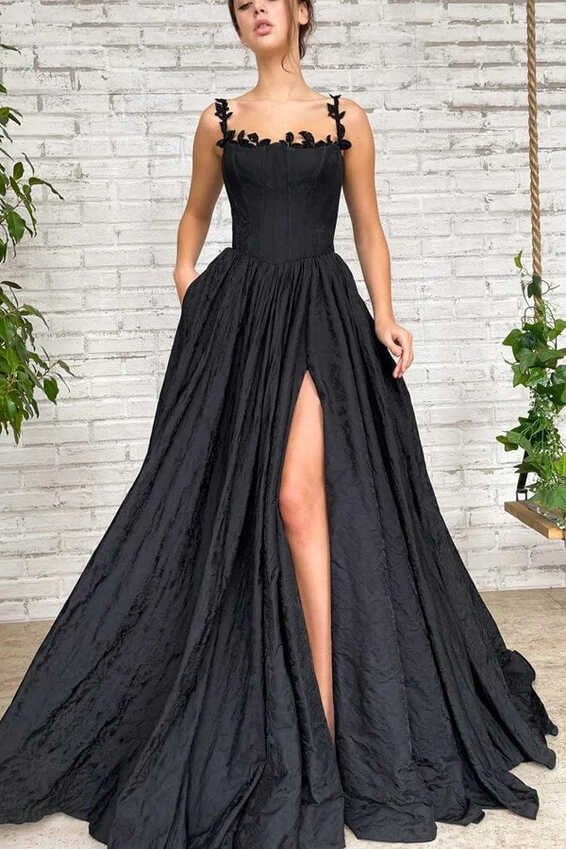 Simple Taffeta Black A Line Long Prom Dress With Slit PL496 | Promnova