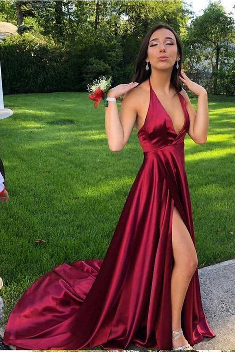 Simple V Neck Backless Burgundy Long Prom Dress Formal Fancy ...