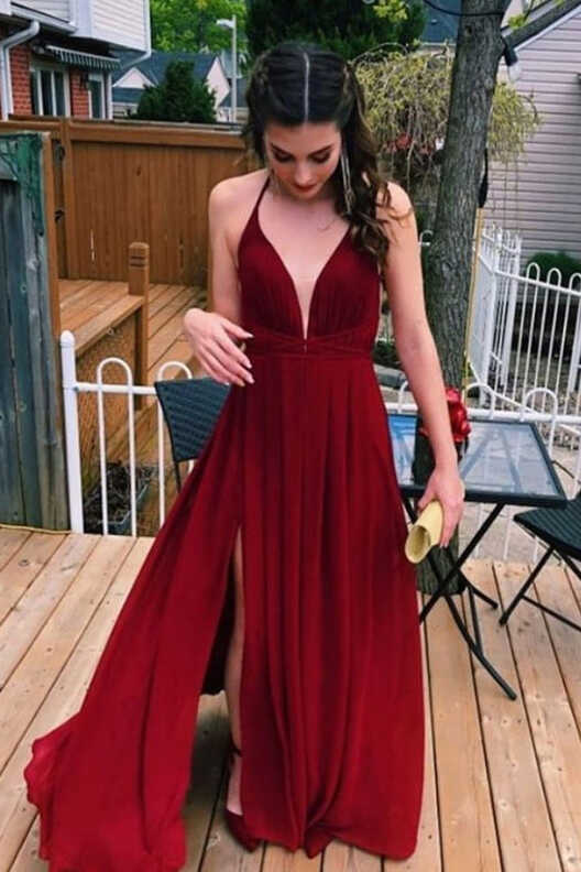 Simple V Neck Burgundy Chiffon Long Prom Dress with Slit, V Neck ...