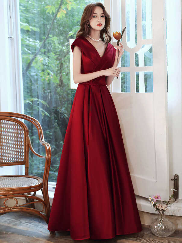 Simple V Neck Burgundy Long Prom Dress, Burgundy A-line Formal ...