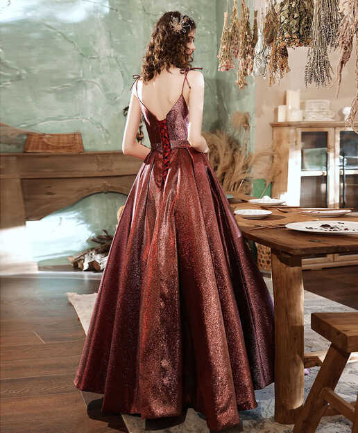 Simple V Neck Burgundy Satin Long Prom Dress, Burgundy Formal ...