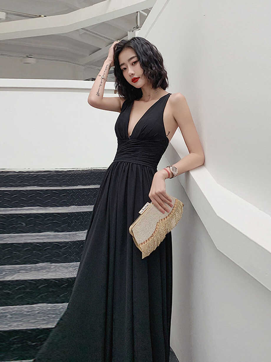 Simple V Neck Chiffon Black Long Prom Dress, Black Evening Dresses ...