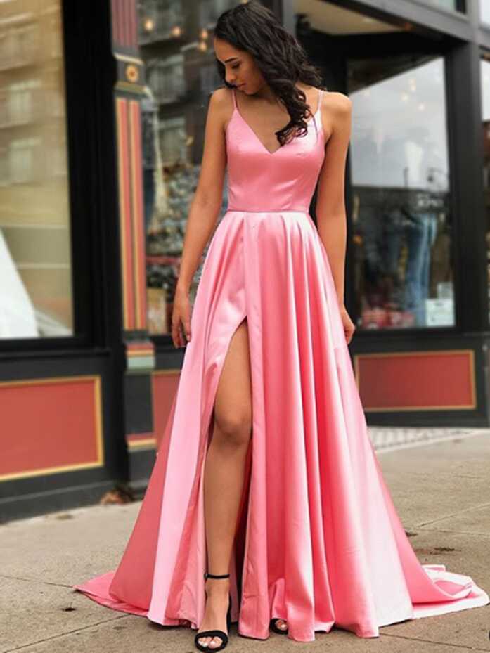 Simple V Neck Pink Satin Long Prom Dresses With Leg Slit, V Neck ...