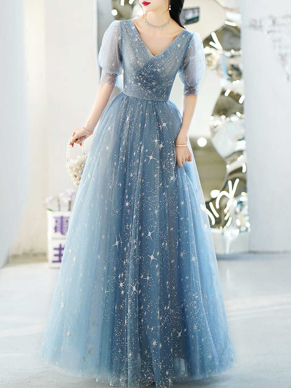 Simple V Neck Tulle Star Blue Long Prom Dress, Blue Formal ...