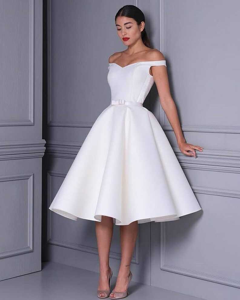 Simple V-neck Satin White Knee Length Wedding Dress