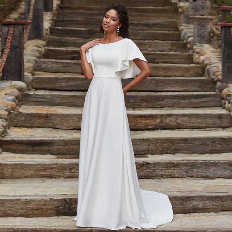 Simple Vintage Satin Wedding Dress 2022 Short Sleeve O-Neck A-Line ...