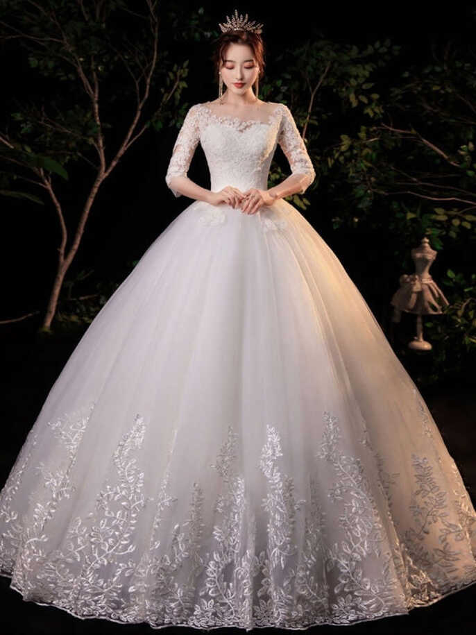 Simple Wedding Dress Eric White Ball Gown Jewel Neck Half Sleeves ...