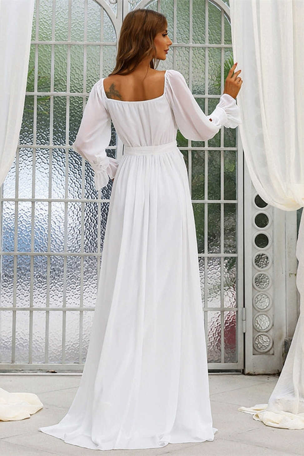 Simple White Chiffon Long Sleeves Boho Wedding Dress – Dreamdressy